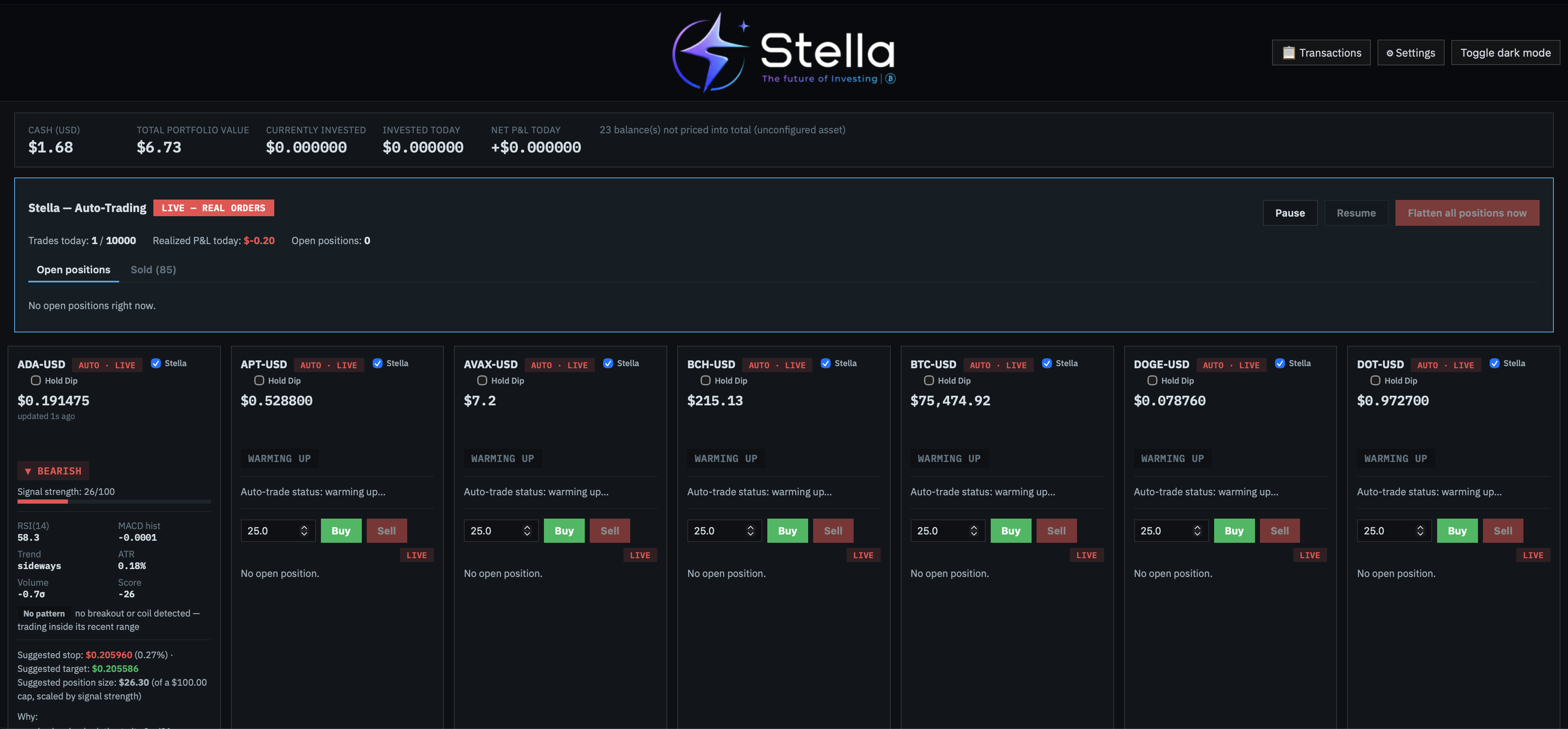 StellaAI automated trading dashboard showing live cryptocurrency market activity